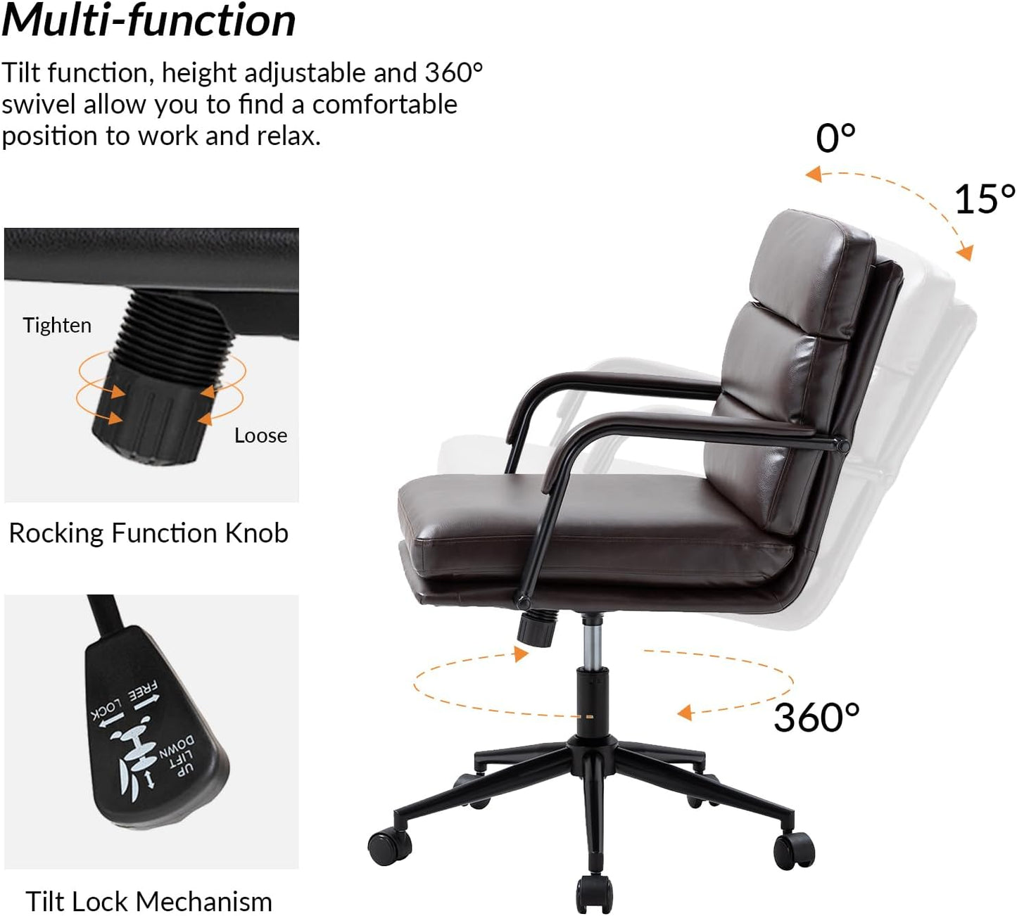 HULALA HOME Modern Faux Leather Home Office Chair with Tilt Lock & Metal Base, Desk Chair with Wheels & Padded Cushion, 360° Swivel Wide Seat Computer Task Chair, Brown