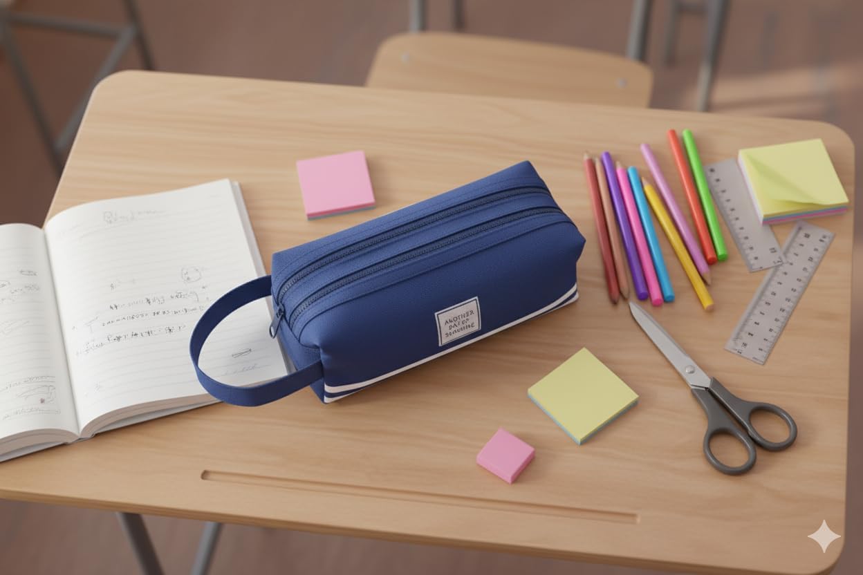 Large Capacity Pencil Case Organizer with 2 Zipper Pockets, Durable Canvas Stationery Bag for School and Office Supplies, Multi-Purpose Pen Pouch and Travel Storage Case (Navy)