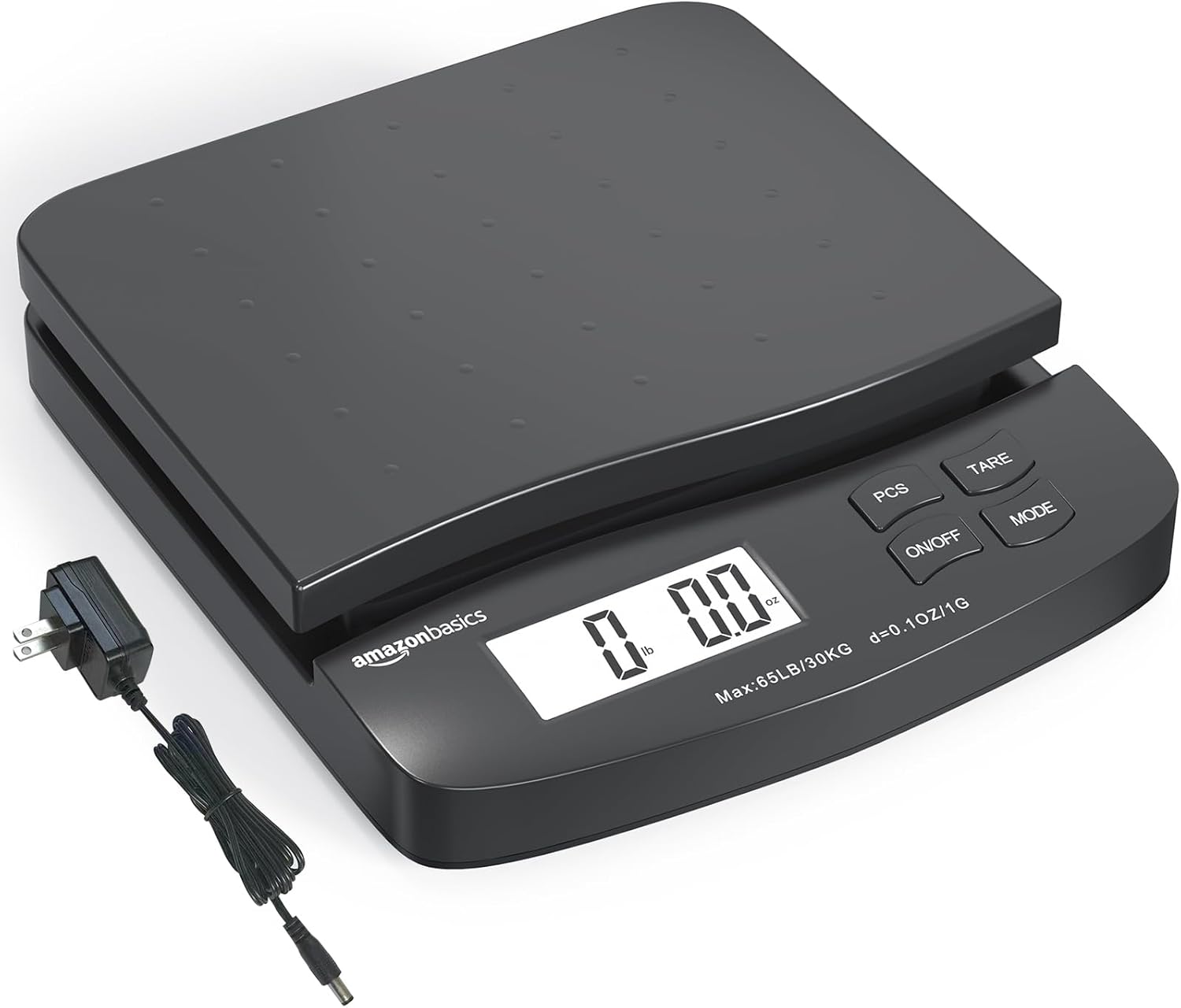 Amazon Basics Digital Postal Scale, AC Adapter, 65 lb Capacity, 0.1 oz Readability, Black - Lumora Desk