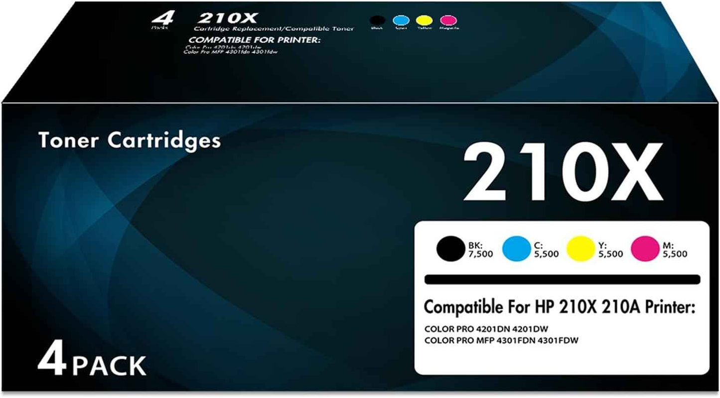 210X 210A Toner Cartridges 4 Pack High Yield (with Chip) Compatible Replacement for HP 210X 210A for Color LaserJet Pro MFP 4301fdw 4301fdn Pro 4201dw 4201dn Series