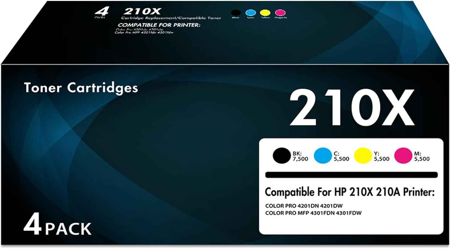 210X 210A Toner Cartridges 4 Pack High Yield (with Chip) Compatible Replacement for HP 210X 210A for Color LaserJet Pro MFP 4301fdw 4301fdn Pro 4201dw 4201dn Series