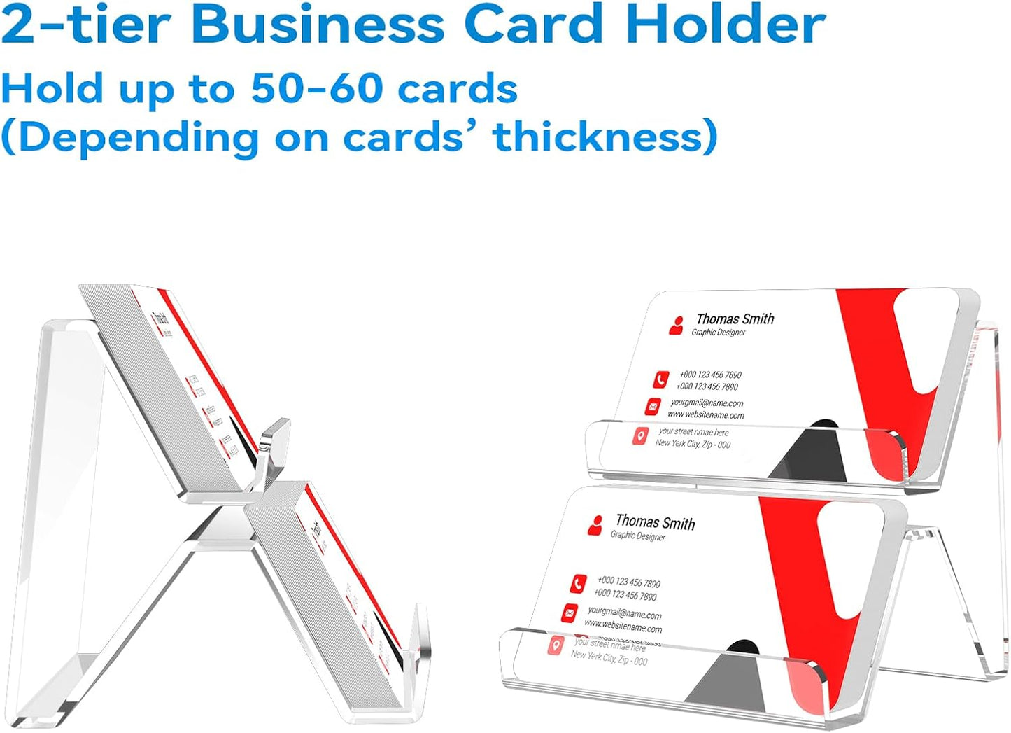 Acrylic Business Card Holder, 2-Tier Business Card Display, Clear Business Cards Stand for Desk & Counter, 2 Pack