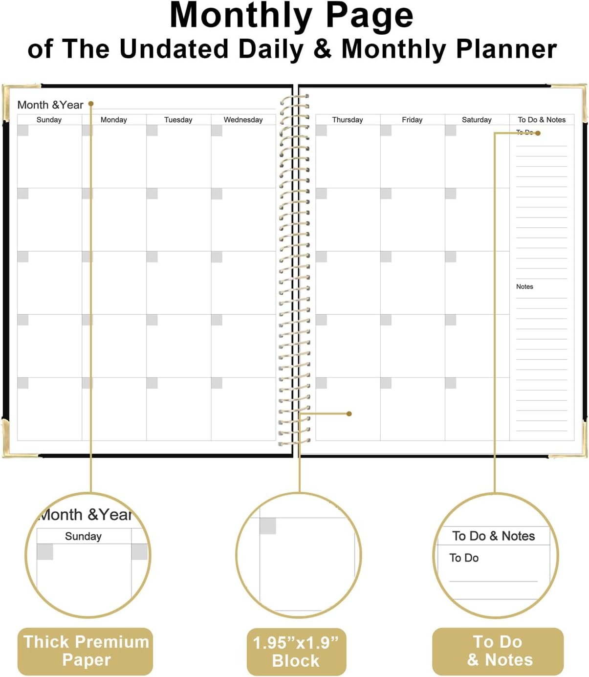 Undated Daily Monthly Planner for 2025 2026 - A4 To Do List with Hourly Schedule, Hardcover Spiral Bound Daily Planner to Increase Focus, Stylish School/Office Supplies, 8.5" x 11", Black