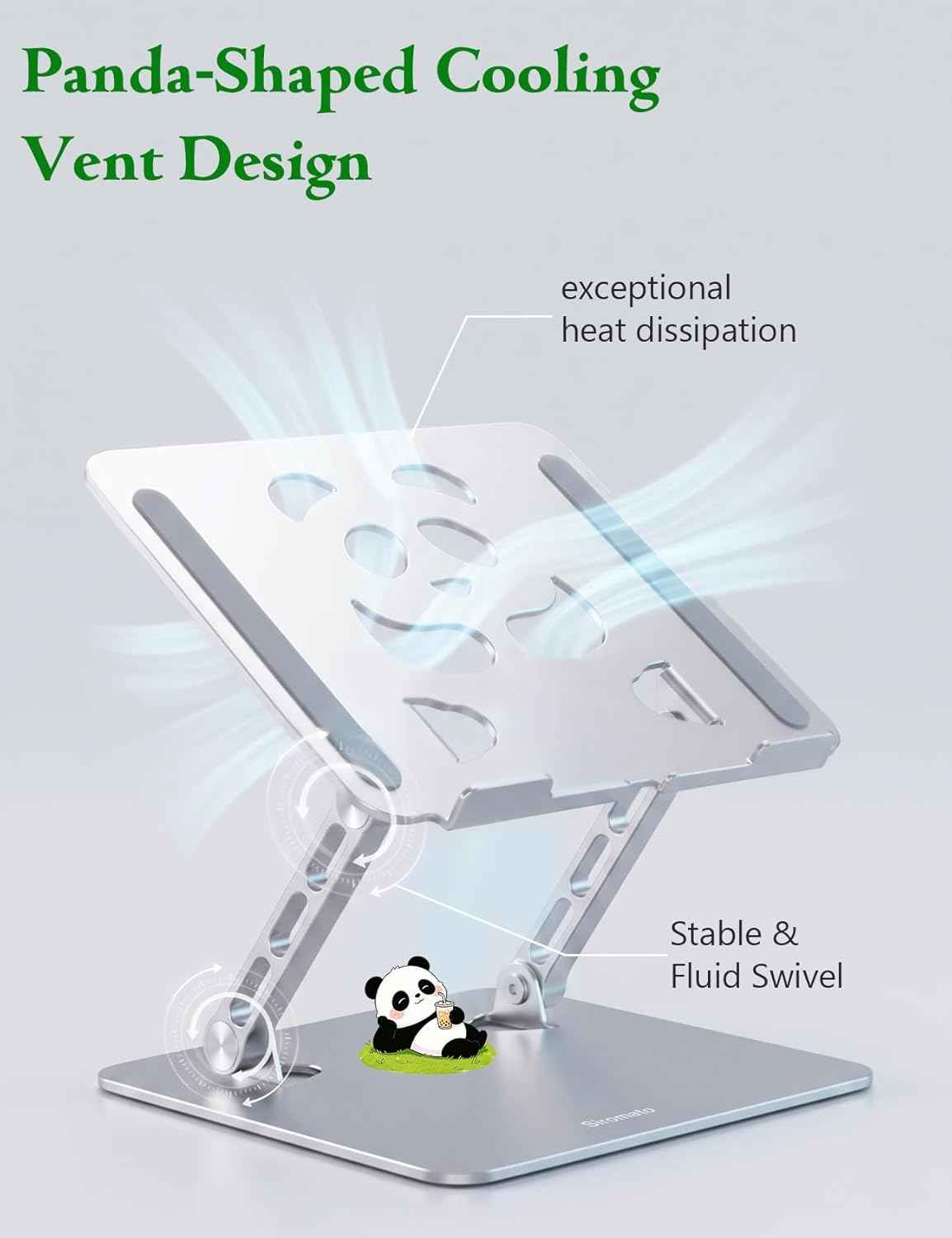 Laptop Stand for Desk - Adjustable Aluminum Laptop Riser with Unique Panda Shaped Vent, Portable Foldable Notebook Holder for Home & Office, Fit for MacBook, HP, Dell, 10-16.3" Silver