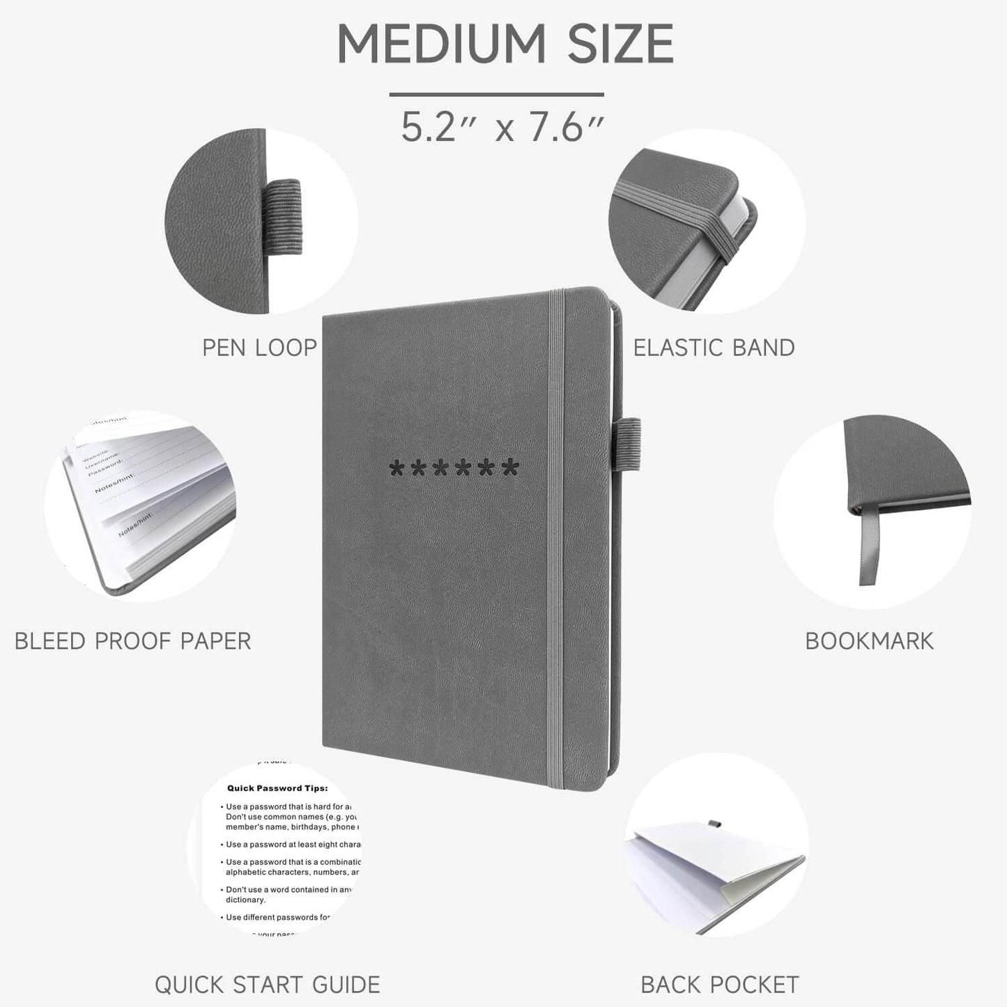 Password Book with Alphabetical Tabs – Hardcover Internet Address & Password Organizer – Password Keeper Notebook for Computer & Website – 5.2 x 7.6" Log-in Password Journal w/Thick Paper (Grey)
