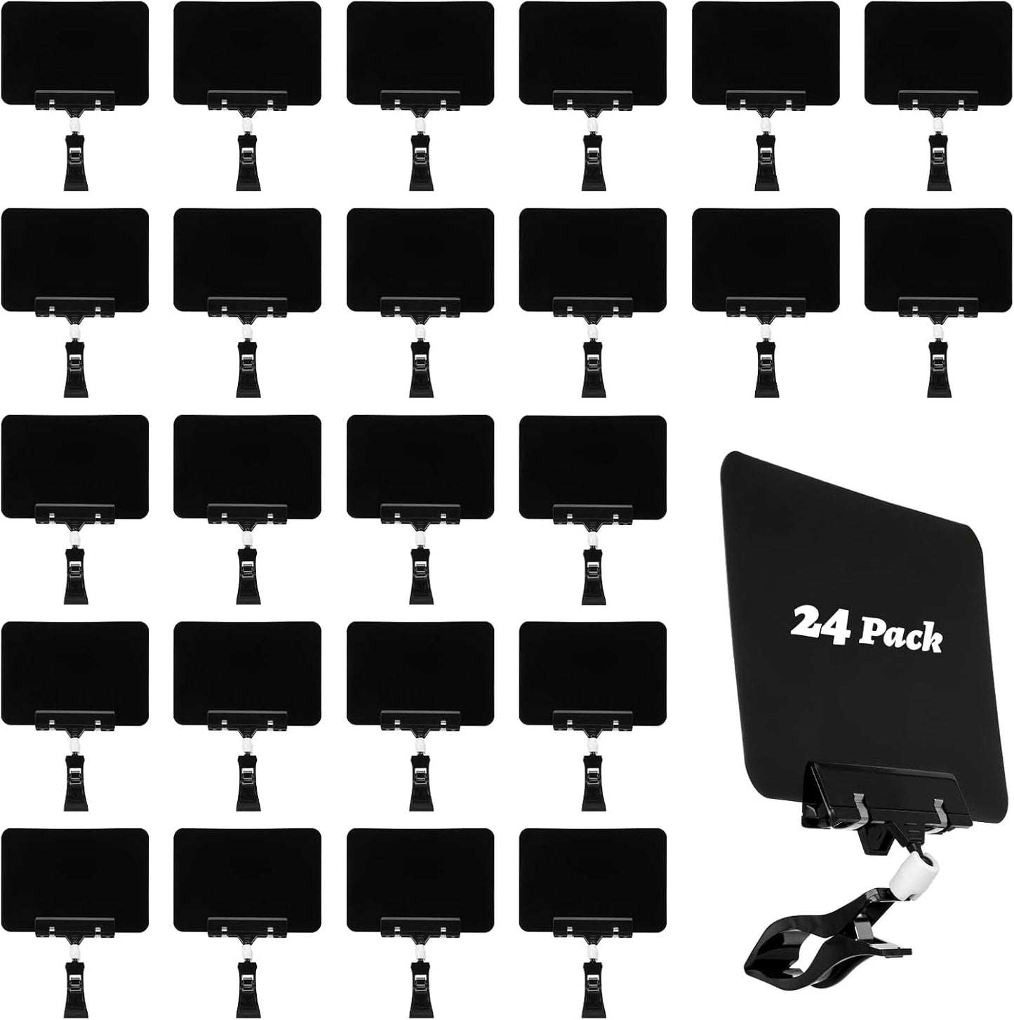 24 Pcs Black Mini Plastic Chalkboard Sign with Clip, Double Head Rotating Display Price Tags Merchandise Sign Clip Holder for Business Retail Food Clothing Rack Shelf Basket Sign Display