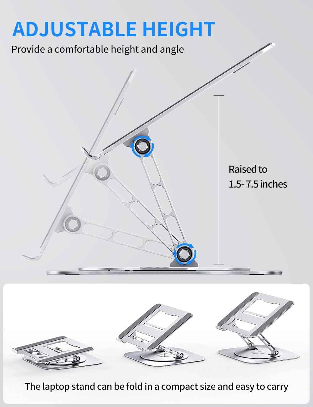 AOEVI Adjustable Computer Stand with 360 Rotating Base, Ergonimic Foldable Laptop Riser for Desk Compatible with MacBook Pro/Air Notebook up to 16 Inches, Silver