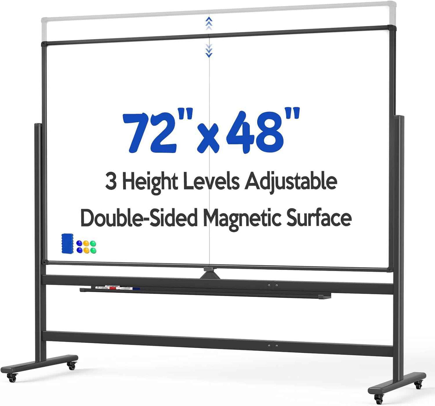 Large 72 x 48 Inch Magnetic Rolling Whiteboard, Double-Sided Dry Erase Board with Stand and Wheels, Mobile White Board for Home, Office, School (Black)