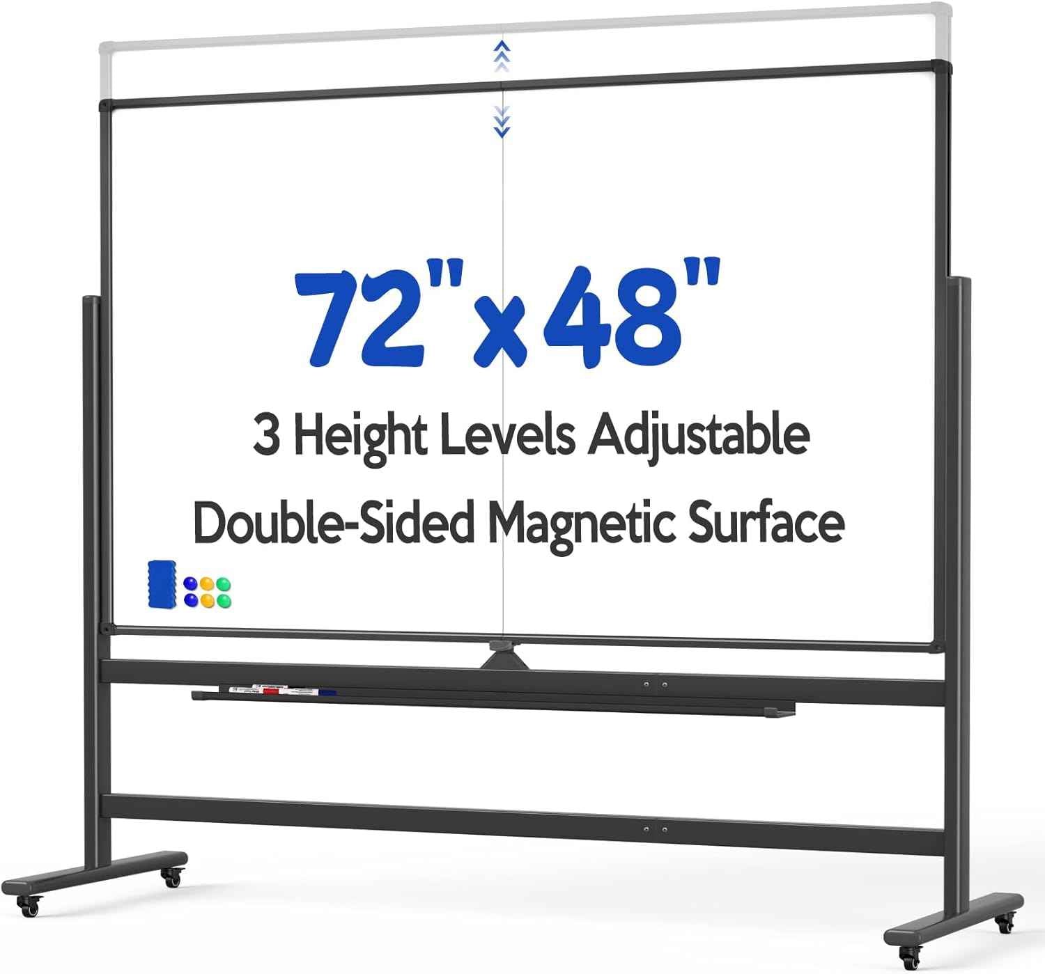 Large 72 x 48 Inch Magnetic Rolling Whiteboard, Double-Sided Dry Erase Board with Stand and Wheels, Mobile White Board for Home, Office, School (Black)