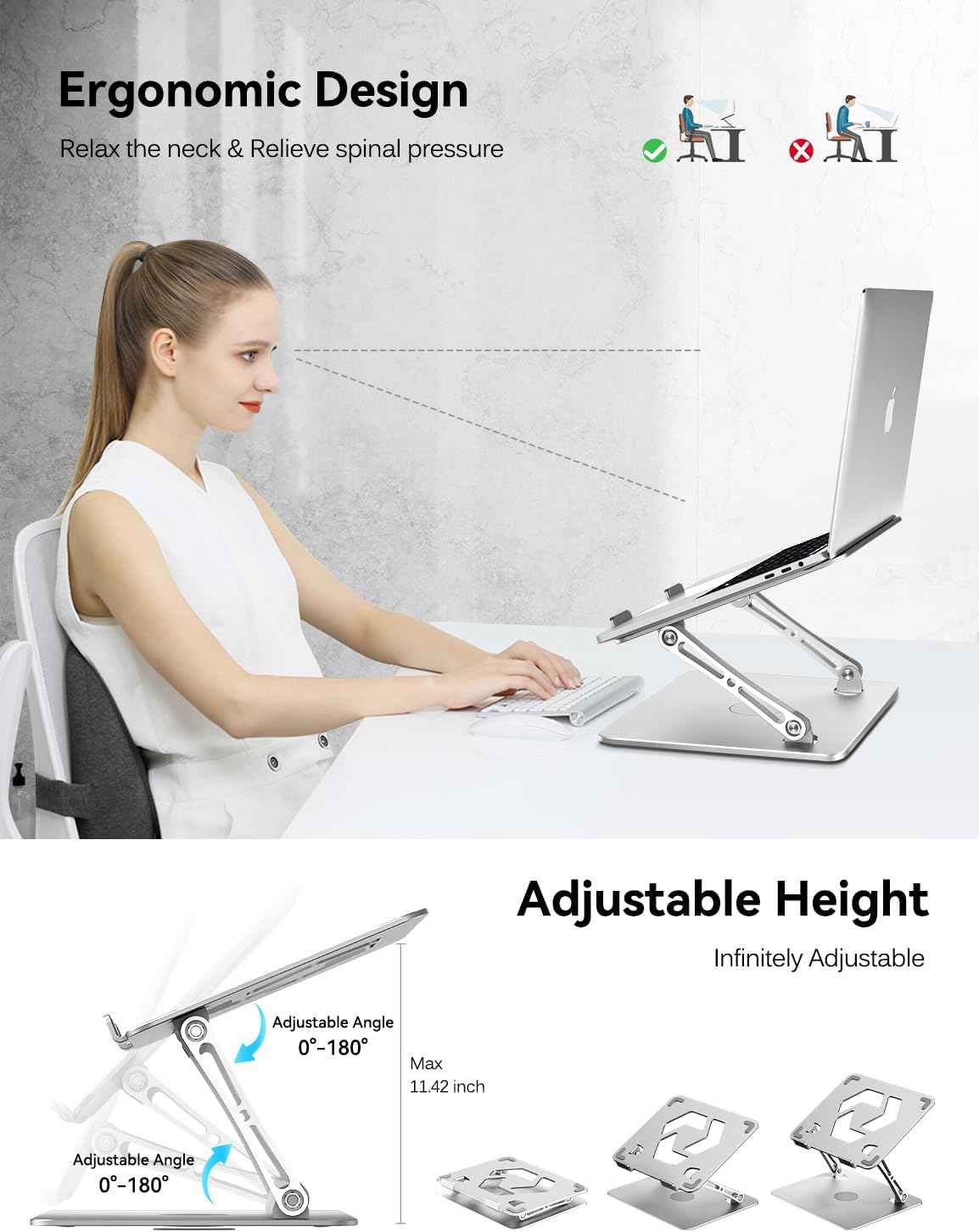 ivoler Adjustable Laptop Stand with 360° Rotating Base, Ergonomic Laptop Stand for Desk, Foldable & Portable Laptop Riser, for Collaborative Work, Fit MacBook Laptops up to 16 inches Silver