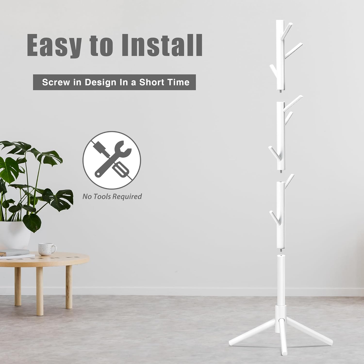 Wooden Coat Rack, Free Standing Coat Rack with 8 Hooks 3 Adjustable Heights for Clothes, Hats, Handbags, Coat Tree Easy Assembly for Entryway, Bedroom, Hallway, Office (New White) - Lumora Desk