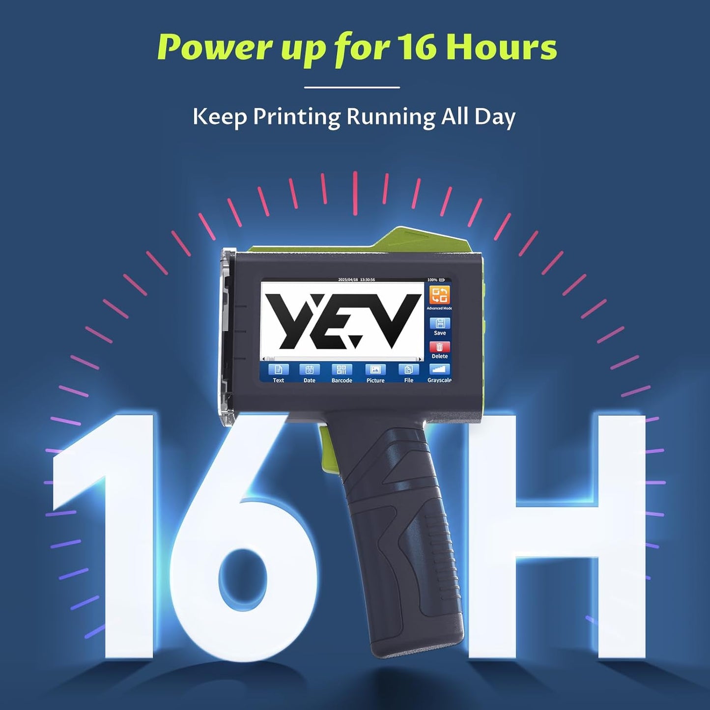 YEV Handheld Inkiet Printer VP127 Upgraded Enhanced 16-Hour Continuous Printing with Photoelectric Sensor for Batch Numbers, Logos, Serial Numbers, Barcodes, and QR Codes on Various Materials (Green)