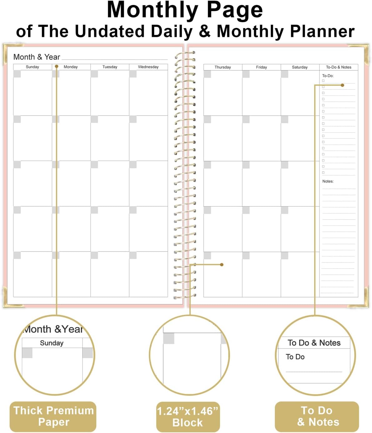 Undated Daily Monthly Planner for 2025 2026 - A5 To Do List with Hourly Schedule, Hardcover Spiral Bound Daily Planner to Increase Focus, Stylish School/Office Supplies, 5.8" x 8.5", Pink
