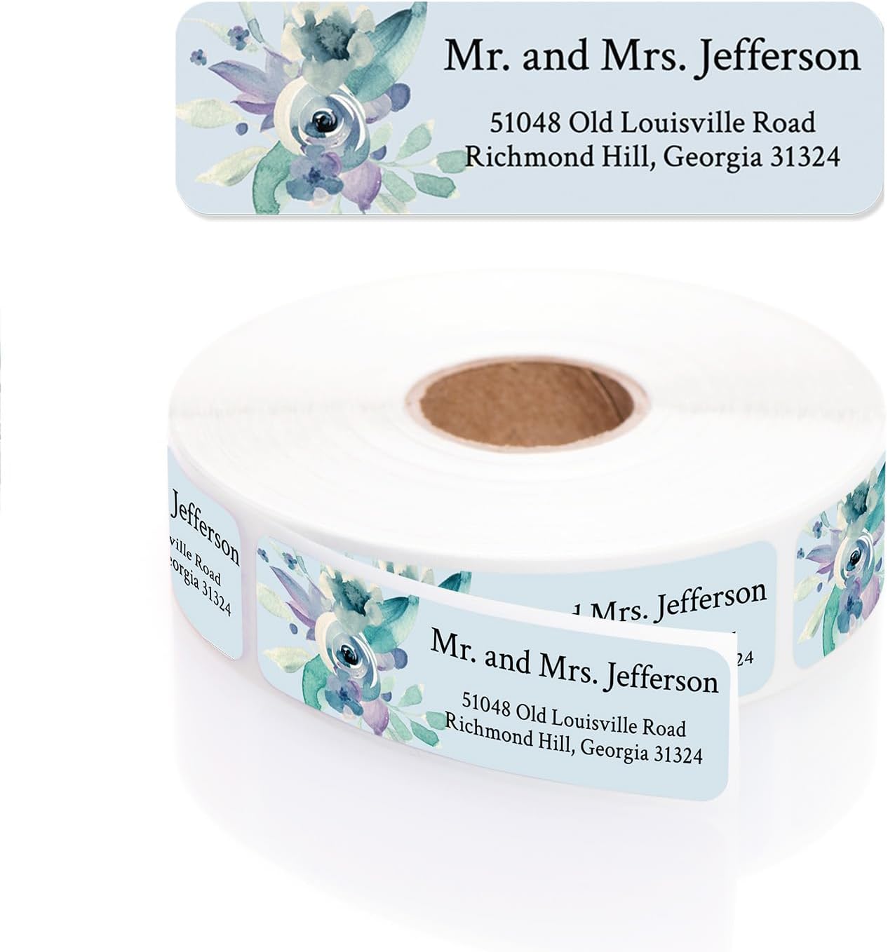 Blue Watercolor Floral Rolled Address Labels / 500 Personalized Return Address Labels/Designer Address Stickers in Elegant Plastic Dispenser - Lumora Desk