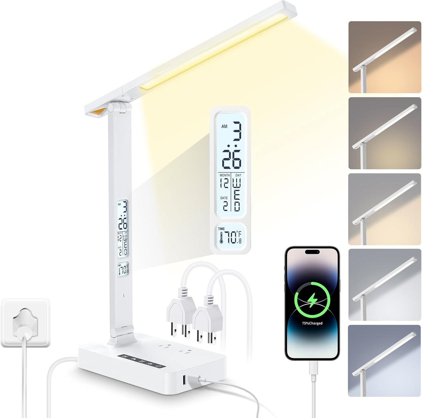Power Strip with LED Desk Lamp, 2 Outlets 1 USB-A Ports 1 Type-C Ports, Small Desk Lamp with Surge Protection and Led Display, 5ft Extension Cord, 5 Color Modes 5 Brightness, Dorm Room Essentials