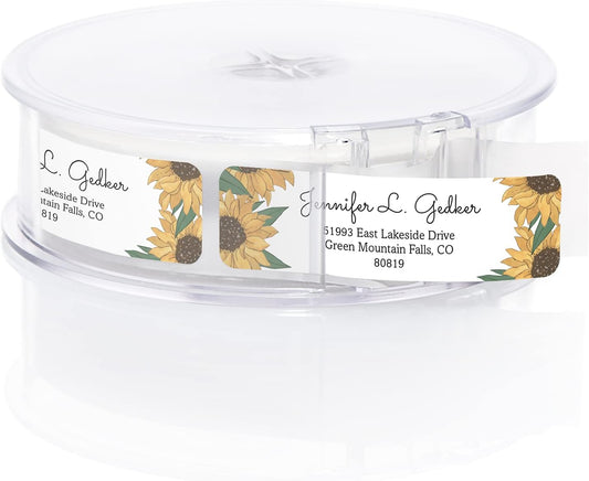 Illustrated Sunflower Rolled Address Labels/Roll of 250 Floral Garden Personalized Address Labels/Designer Return Address Stickers in Elegant Plastic Dispenser - Lumora Desk
