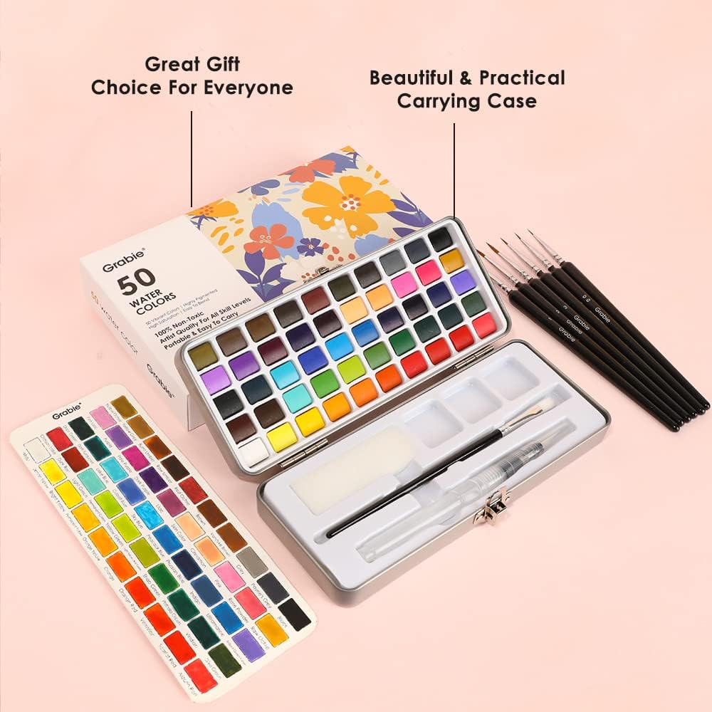 Grabie 50 Colors Watercolor Paint Set, Detail Paint Brush Included, Watercolor Paints, Painting Sets, Art Supplies for Painting, Travel Watercolor Set, Amateur Hobbyists