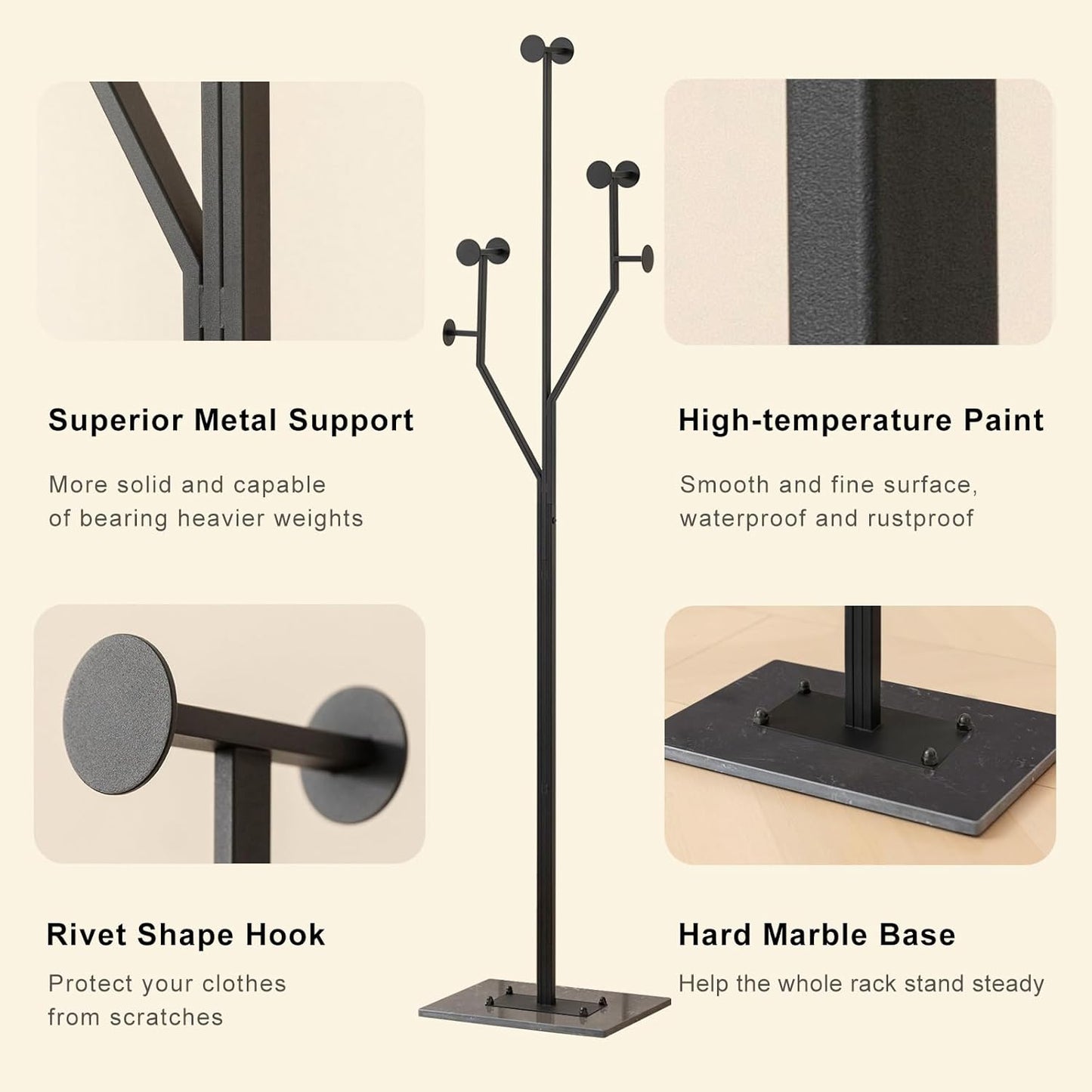 Freestanding Coat Rack Tree-shaped Metal Coat Tree with Heavy Duty Marble Base Corner Clothing Rack for Bedroom Entryway Hallway 14.96 x 10.24 x 68.9 Inches (Black) - Lumora Desk