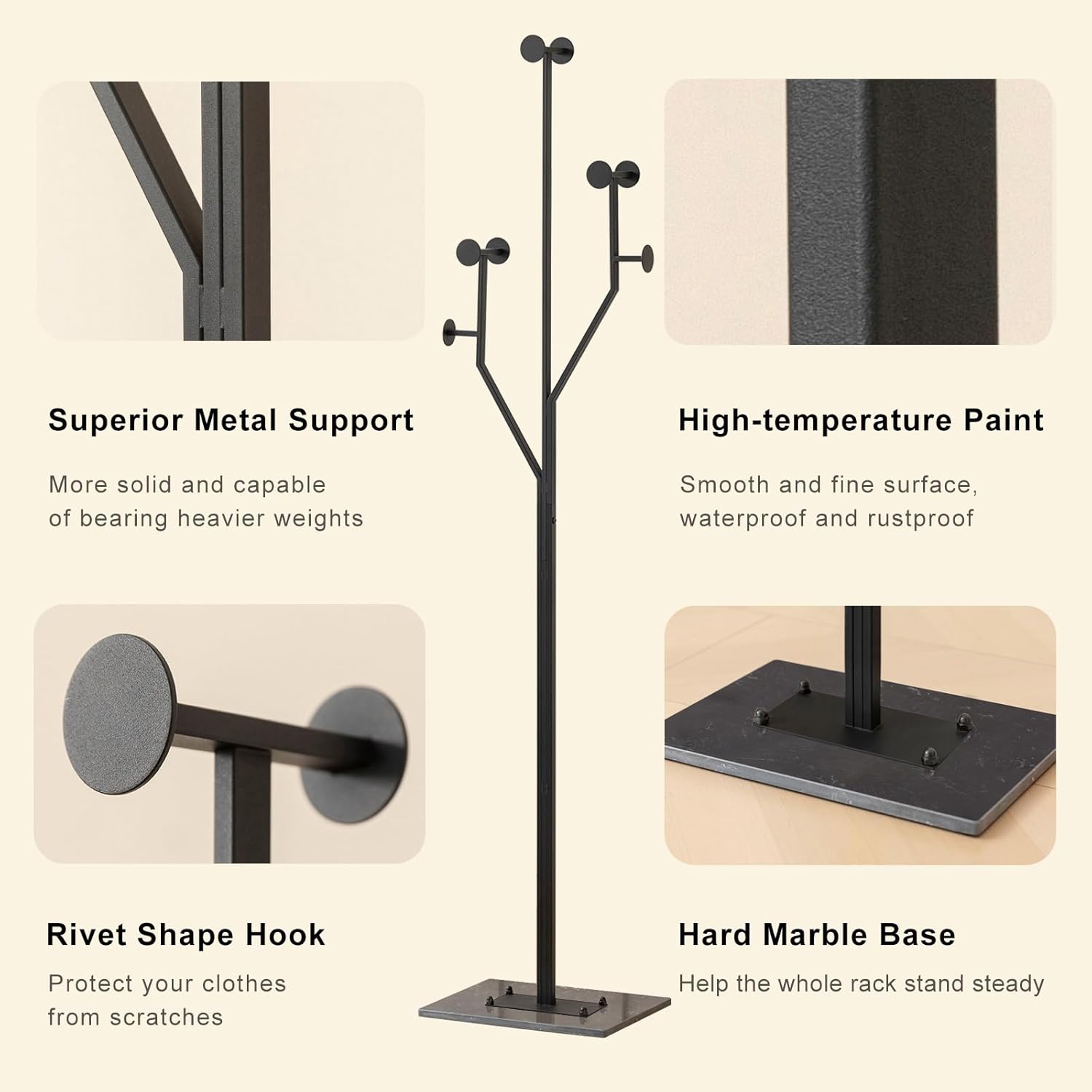 Freestanding Coat Rack Tree-shaped Metal Coat Tree with Heavy Duty Marble Base Corner Clothing Rack for Bedroom Entryway Hallway 14.96 x 10.24 x 68.9 Inches (Black) - Lumora Desk