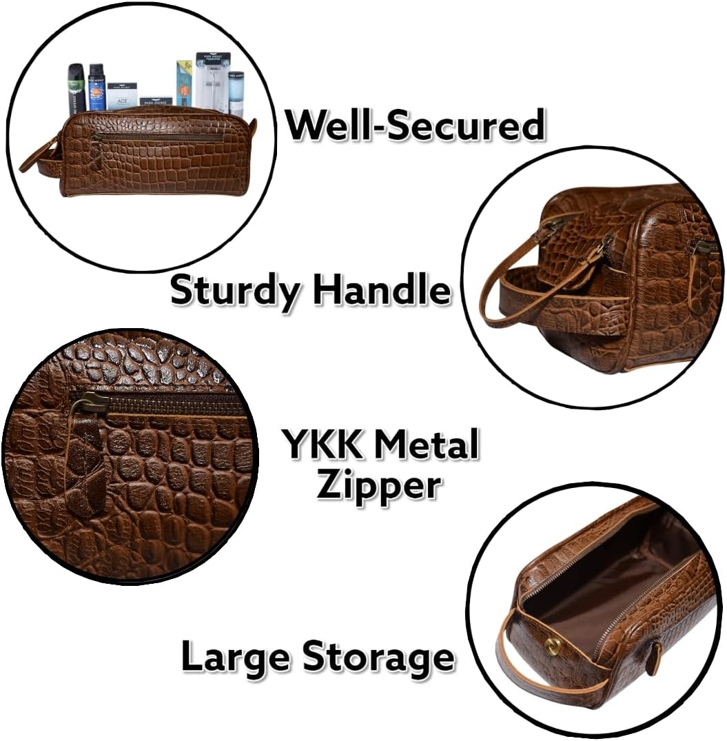 Premium Buffalo Leather Unisex Toiletry Bag Travel Kit (King Size) Shaving kit Accessories :Shaving Brush Case, Razor Protective Travel Case (Combo of 4 Items) (Crocodile Print)
