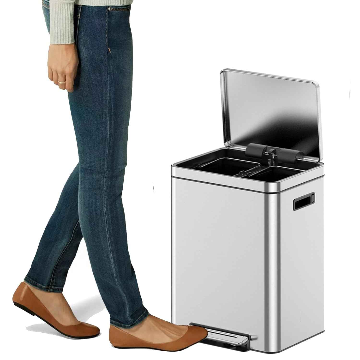 10.6 Gallon (2 x 20 L) Dual Trash Can, Stainless Steel Garbage Can with Soft-Close Lid for Kitchen, Hands-Free Recycle Bin with 2 Compartment Removable Inner Bucket for Home, Office