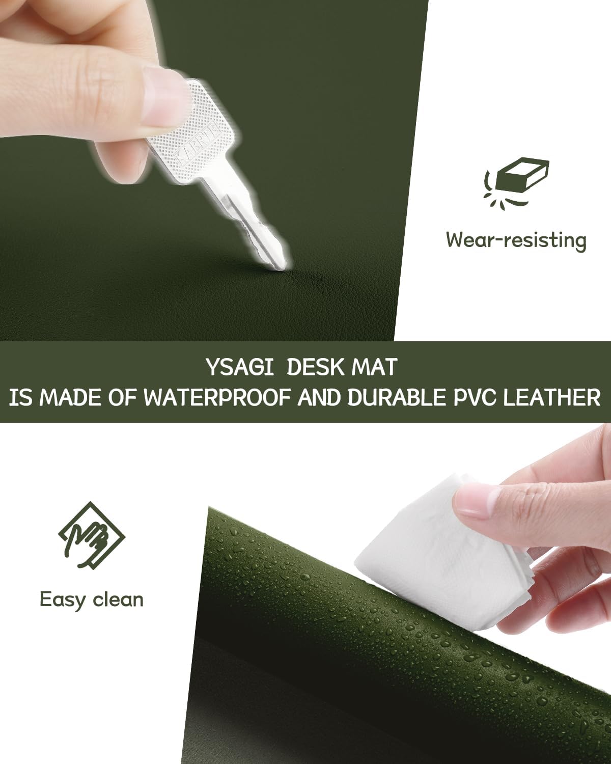 YSAGi Non-Slip Leather Desk Pad L Size, Waterproof Laptop Computer Desk Keyboard Mat, Table Protector Blotter Mat, Large Mouse Pad for Office/Work/Home/Decor(Olive Green, 35.4" x 17")