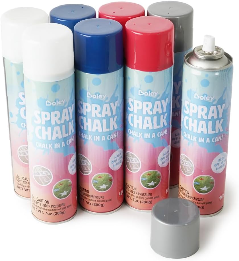 Boley 8-Pack Spray Chalk, 7 oz Each - Red, White, Blue, and Silver Colors – Patriotic American Flag Outdoor Chalk for Sidewalk, Pavement, & Grass – Fun Washable Art for Kids, Celebrations, and Events