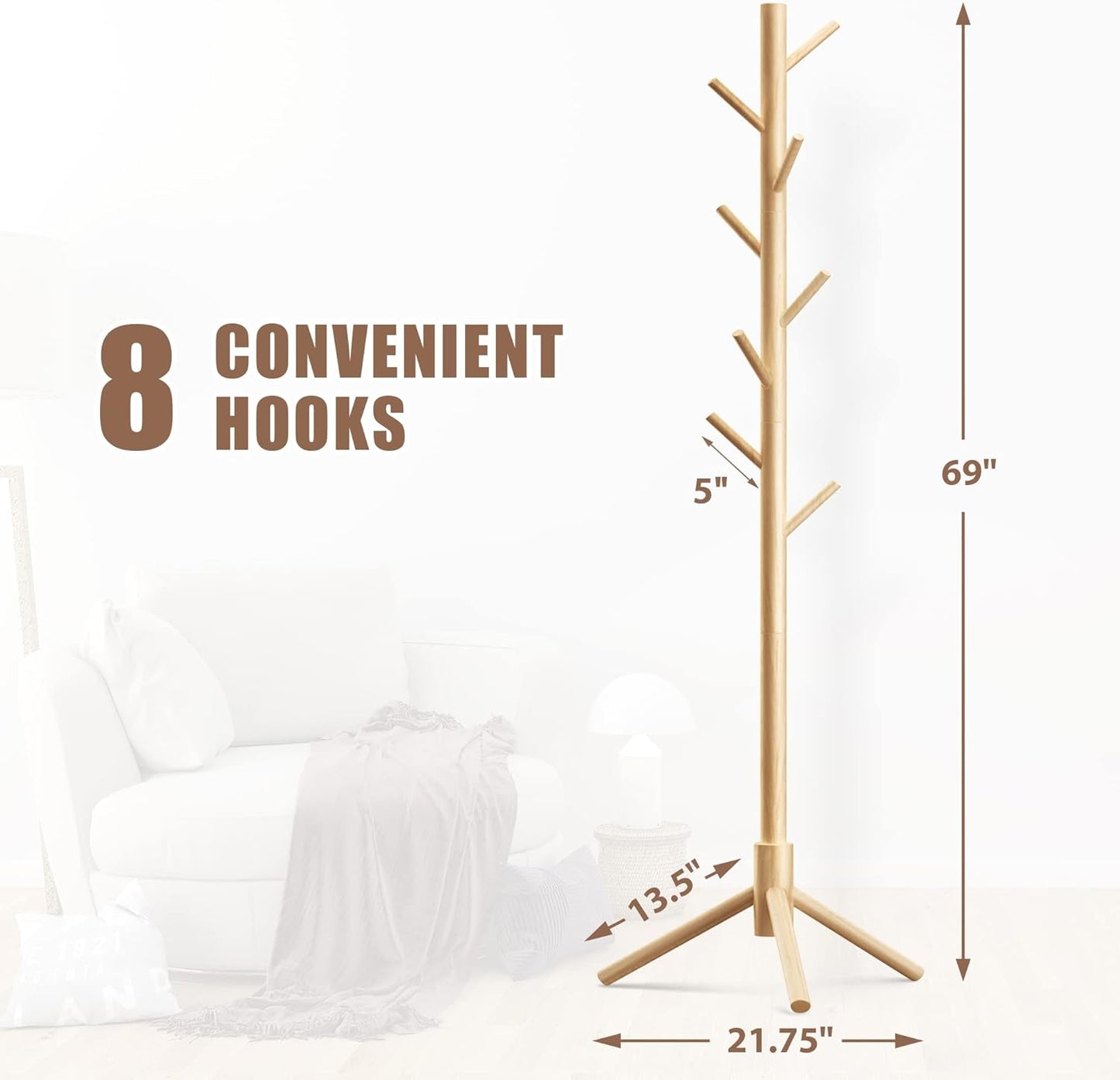Haddockway Wooden Coat Rack Stand with 8 Hooks New Zealand Pine 3 Adjustable Coat Standing Tree Easy Assembly for Coats, Hats, Scarves and Handbags for Entryway, Hallway, Bedroom, Office - Lumora Desk