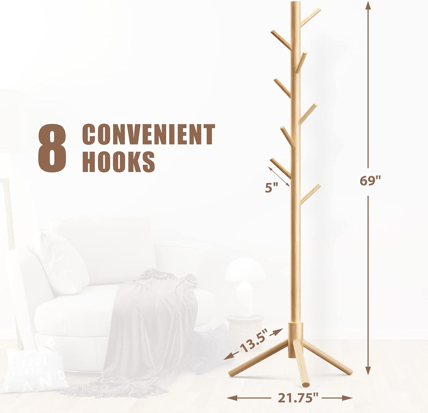 Haddockway Wooden Coat Rack Stand with 8 Hooks New Zealand Pine 3 Adjustable Coat Standing Tree Easy Assembly for Coats, Hats, Scarves and Handbags for Entryway, Hallway, Bedroom, Office - Lumora Desk