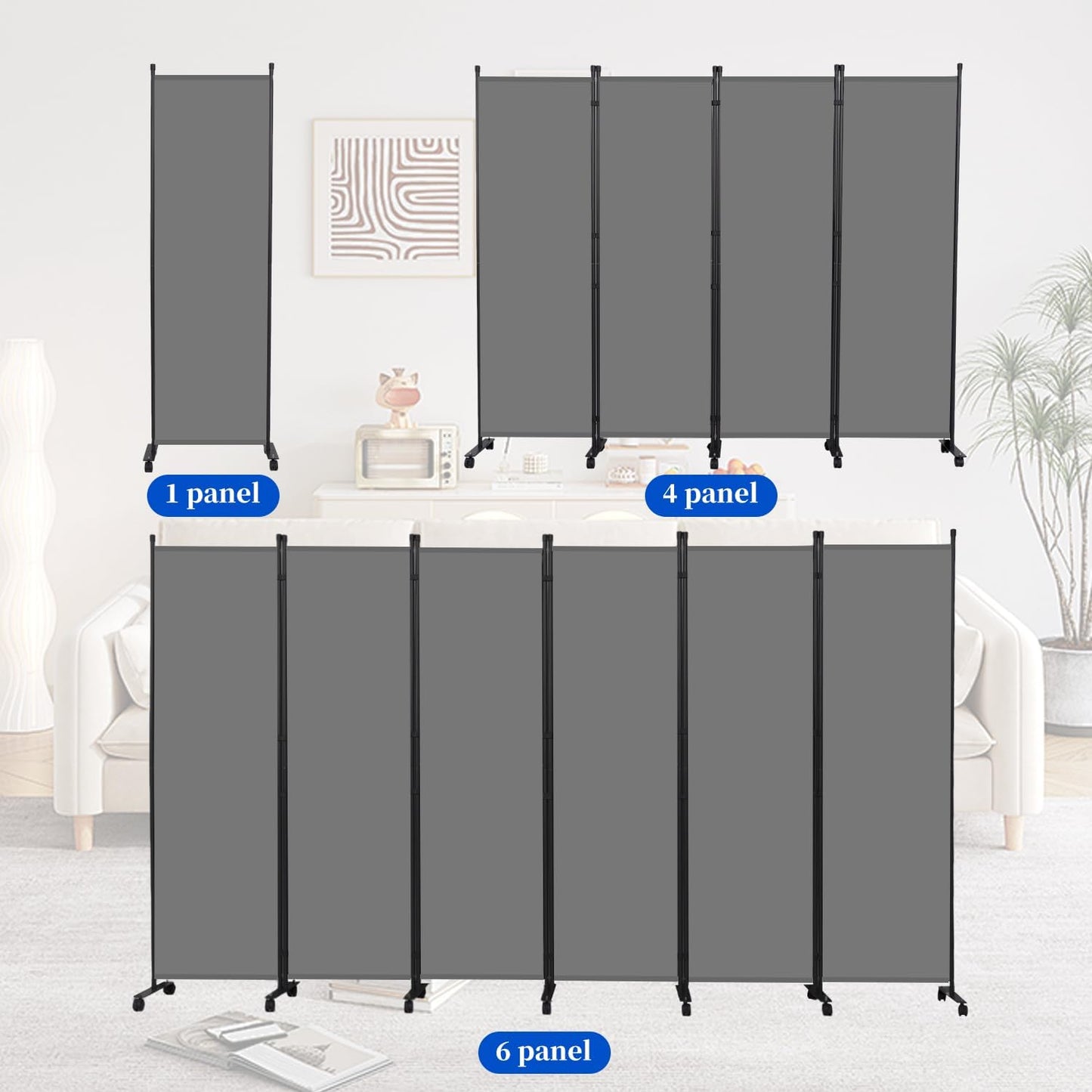 Room Divider 6FT Room Partition with Lockable Wheels, (Thicked Metal Base) Room Dividers, Freestanding Indoor Folding Privacy Screens, Portable Fabric Wall Divider for (Grey, 21.5"- 1 Panel)