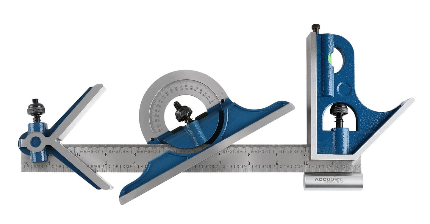 Accusize Industrial Tools 12'' 4 Combination Square Ruler Set Protractor Satin, 4-R Graduation, 0000-8101