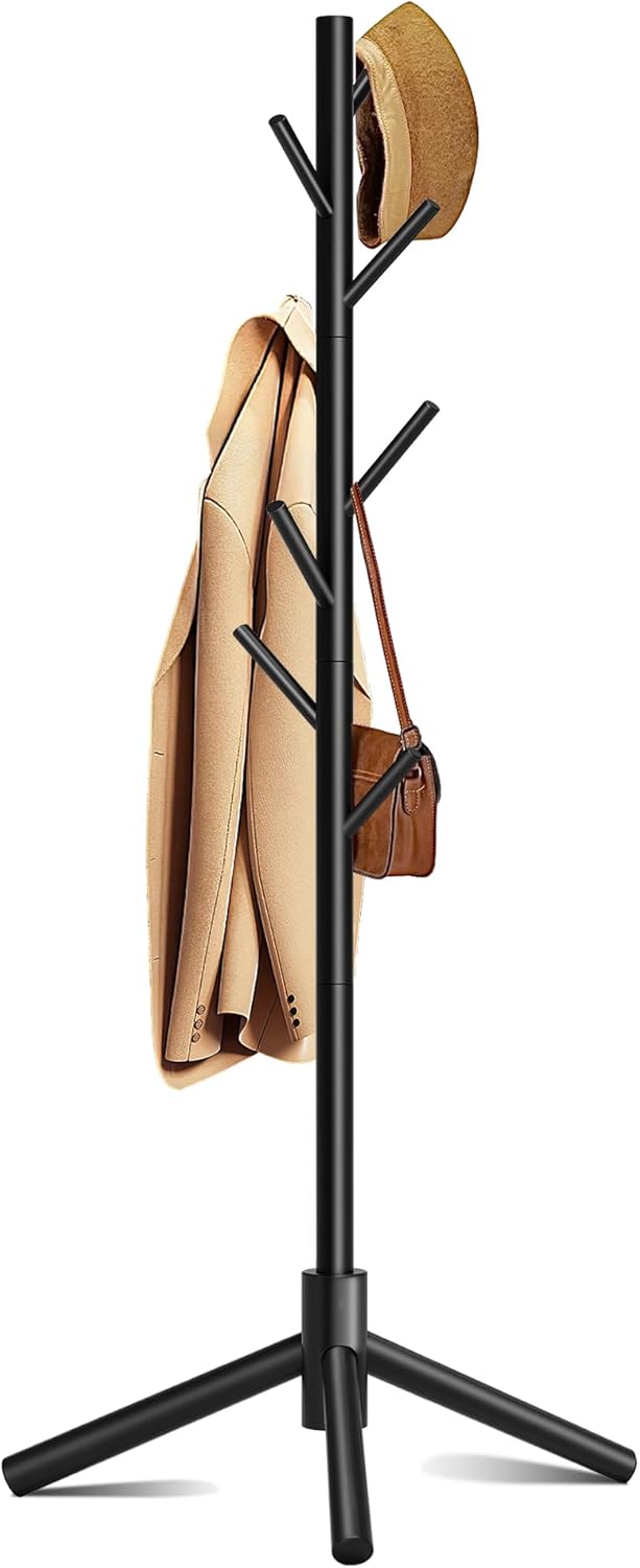 Wooden Coat Rack, Free Standing Coat Rack with 8 Hooks 3 Adjustable Heights for Clothes, Hats, Handbags, Coat Tree Easy Assembly for Entryway, Bedroom, Hallway, Office (New Black) - Lumora Desk