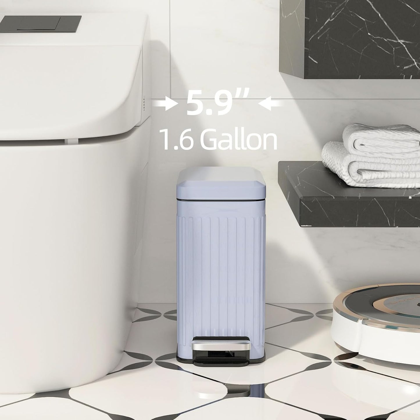 Slim Bathroom Trash Can with Lid Soft Close, 1.6 Gallon Stainless Steel Garbage Can with Removable Inner Bucket, Durable Step Pedal, Small Trash Bins for Toilet, Bedroom, Kitchen, Grey