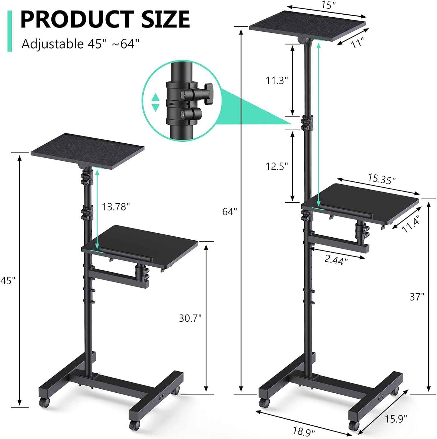 Projector Stand Tripod: 2 Shelves Mobile Laptop Cart Adjustable Height 45 to 64 Inches, Rolling Laptop Stand Cart with Ventilated Tray, Projector Tripod Stand on Wheels for Couch, Bedside, Meeting
