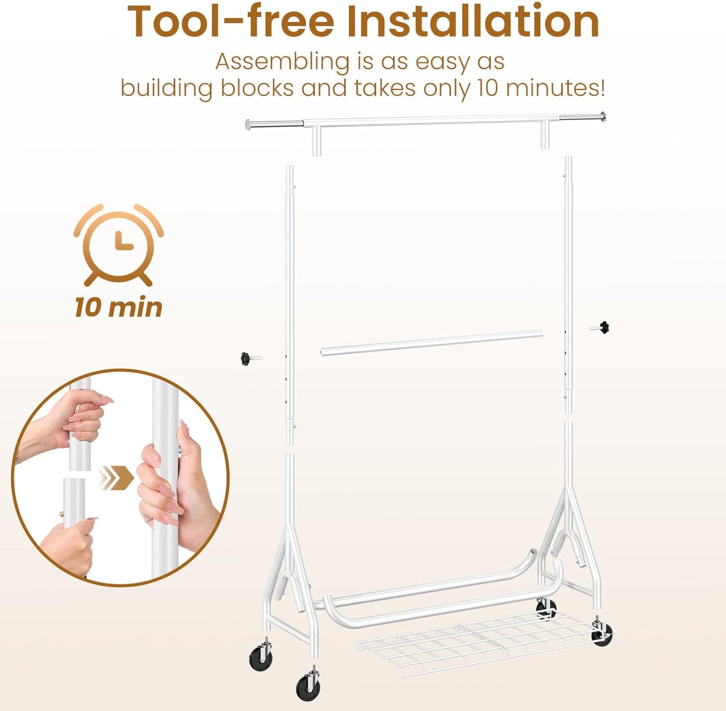 Double Rods Clothing Rack, Heavy Duty Clothes Rack for Hanging Clothes Load 560LBS, Metal Rolling Garment Racks with Wheels, Freestanding Clothes Hanging Racks, White - Lumora Desk