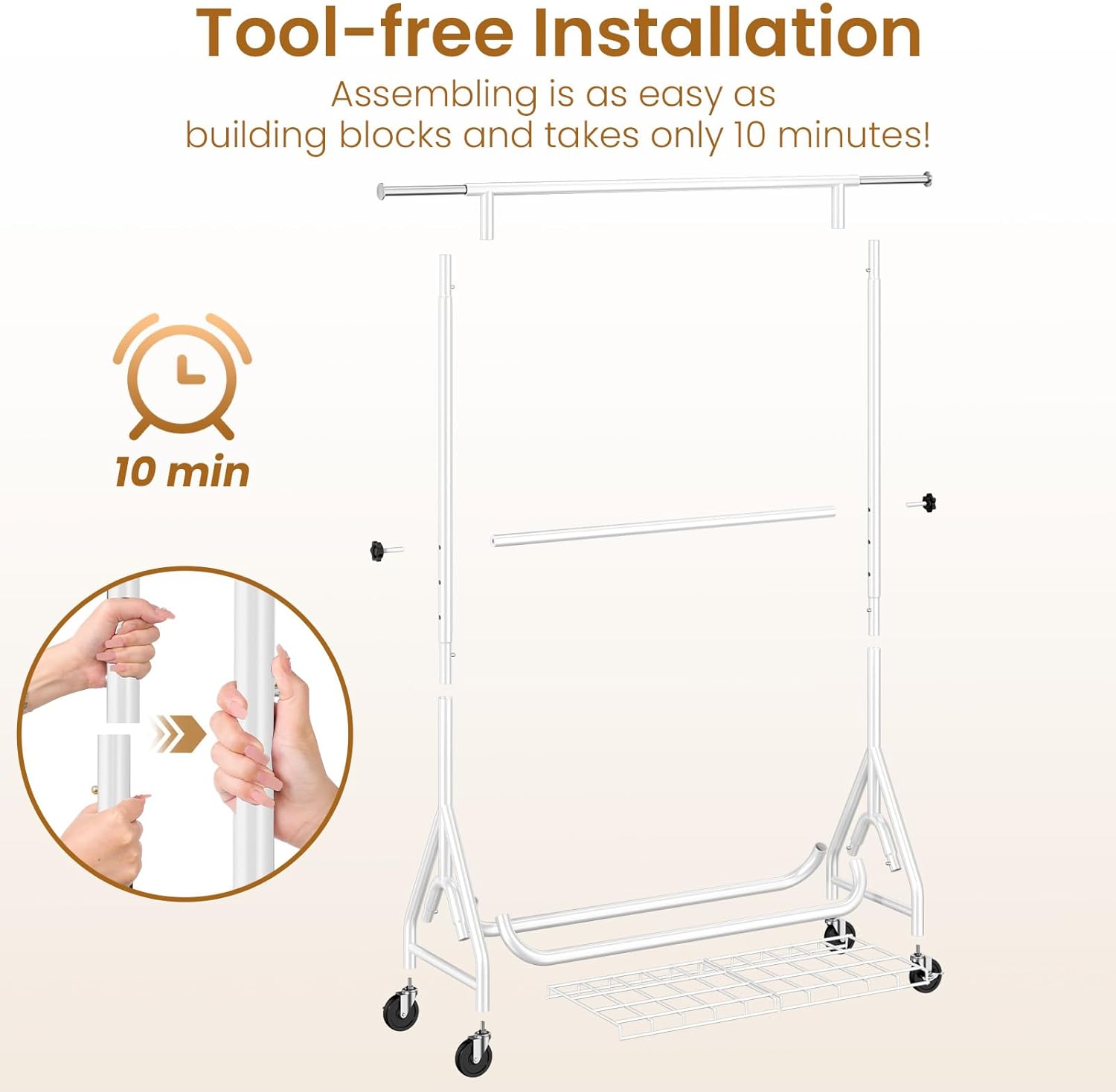 Double Rods Clothing Rack, Heavy Duty Clothes Rack for Hanging Clothes Load 560LBS, Metal Rolling Garment Racks with Wheels, Freestanding Clothes Hanging Racks, White - Lumora Desk