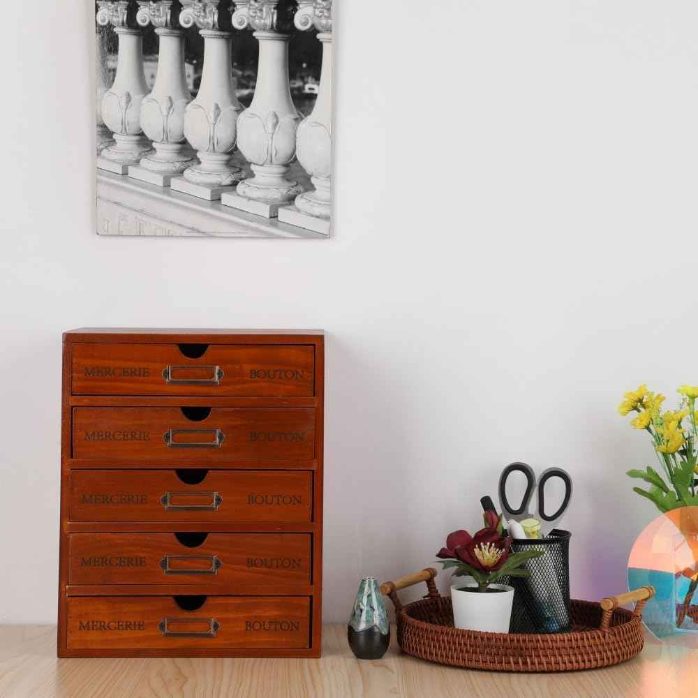 Wooden Storage Box with 5 Drawers Apothecary Drawers Vintage Wooden Drawers Wood Desktop Organizer with Drawers Countertop Drawers Library Card Catalog Cabinet Apothecary Cabinet （BROWN）