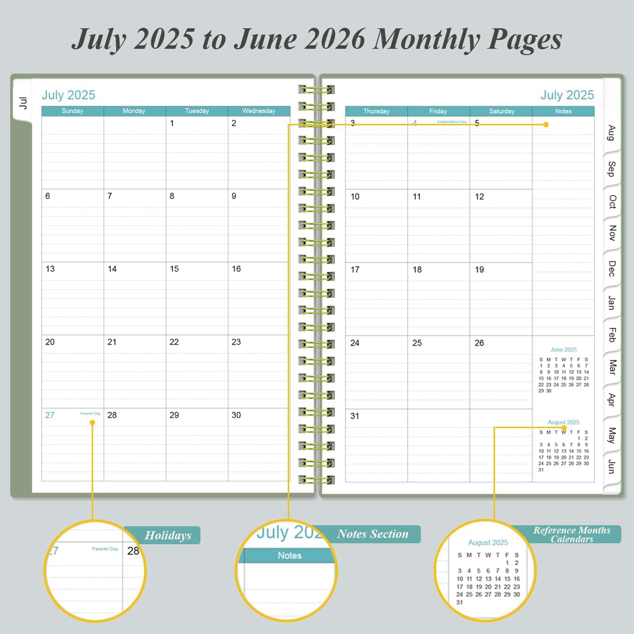2025-2026 Planner - Academic Planner 2025-2026 from July 2025 - June 2026, Weekly & Monthly Planners Spiral Bound with 12 Monthly Tabs, Inner Pocket, 6.4" x 8.5", Green