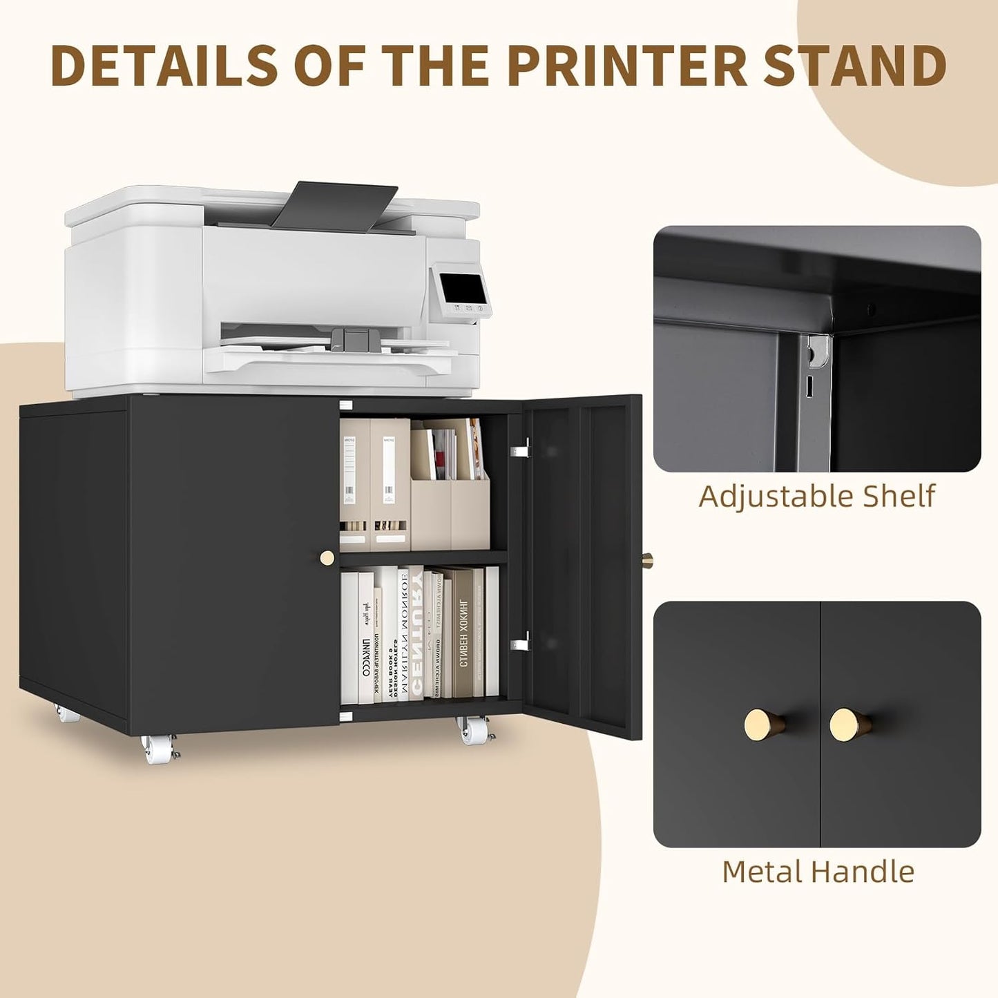 Small Space Printer Stand with Doors, Mini Fridge Stand for Laundry, 3D Printer Stand with Storage, Low Printer Table, Modern Under Desk for Home Office, Small Carts for Scanner, Fax