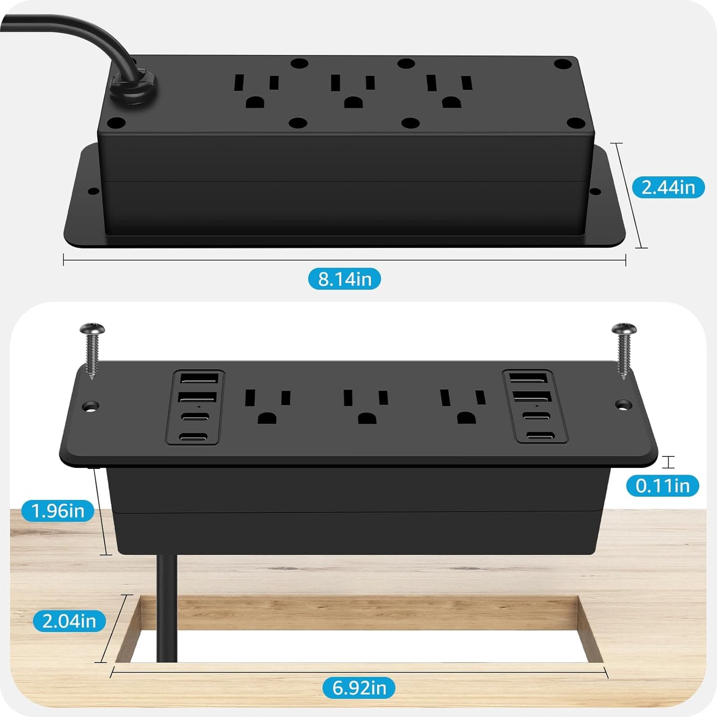 HHSOET 14 in 1 Fast Charging Recessed Power Strip, 20W Furniture Power Outlet, Flush Mount Surge Protection with 6 AC Plugs, 4 USB-A and 4 USB-C, 6ft Power Cord. (Black)