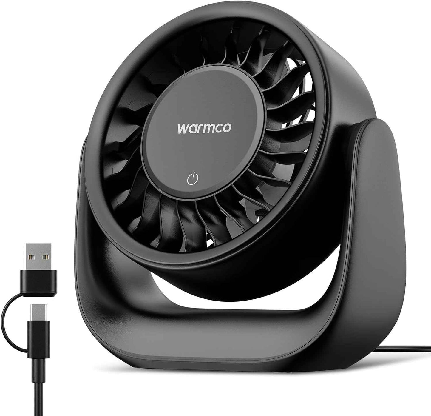 Warmco USB Desk Fan with Touch Control, (USB Powered Only, No Battery) Small Personal Desktop Fan, USB-A & USB-C Plug, 3 Speeds Strong Airflow, Quiet Table Fans for Home Office Dorm