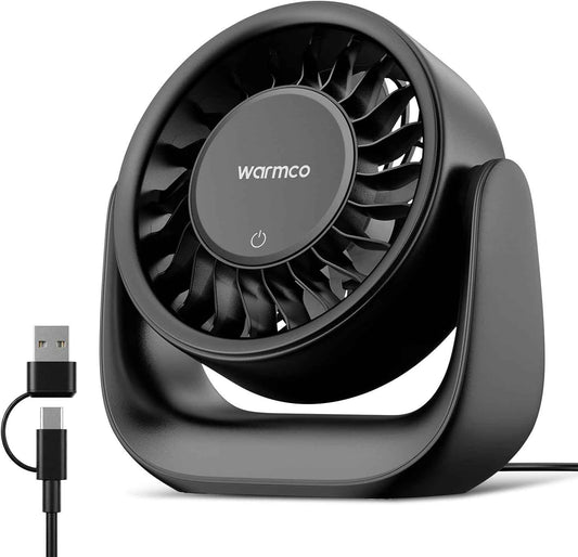 Warmco USB Desk Fan with Touch Control, (USB Powered Only, No Battery) Small Personal Desktop Fan, USB-A & USB-C Plug, 3 Speeds Strong Airflow, Quiet Table Fans for Home Office Dorm