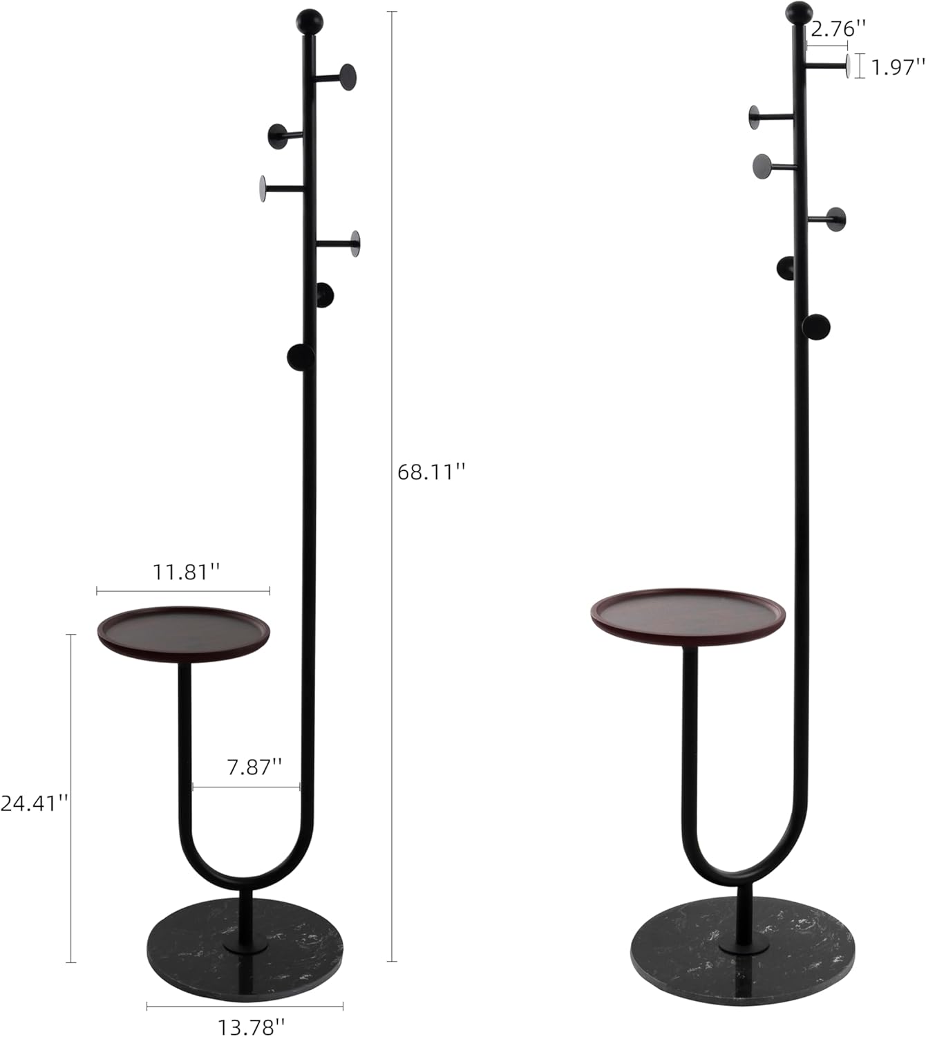 Coat Rack Stand, Metal Coat Tree with Bamboo Tray & 6 Hooks, Heavy Duty Marble Base Corner Coat Stand for Bedroom Hallway Entryway Living Room Office 13.78 x 13.78 x 68.11 Inches (Black) - Lumora Desk