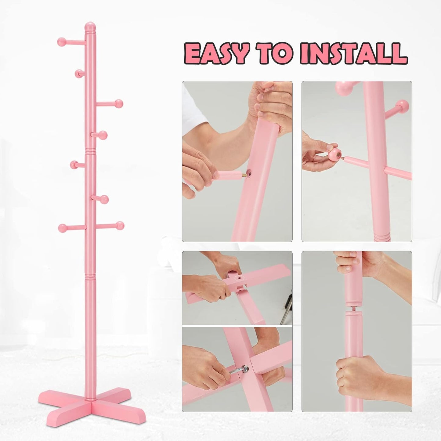 Kids Coat Rack, Freestanding Coat Racks with 8 Hooks 2 Adjustable Height, Tree Coat Rack for Bedroom, Hallway, Entrance, Office, Hats, Handbags,Purse (Pink) - Lumora Desk