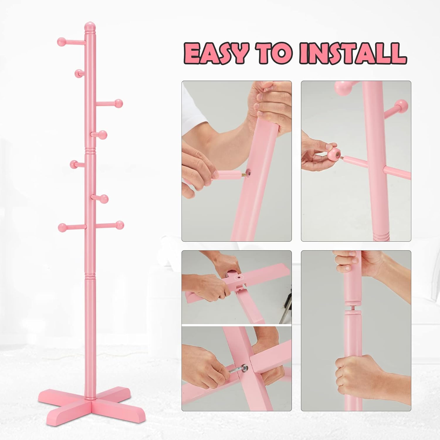 Kids Coat Rack, Freestanding Coat Racks with 8 Hooks 2 Adjustable Height, Tree Coat Rack for Bedroom, Hallway, Entrance, Office, Hats, Handbags,Purse (Pink) - Lumora Desk
