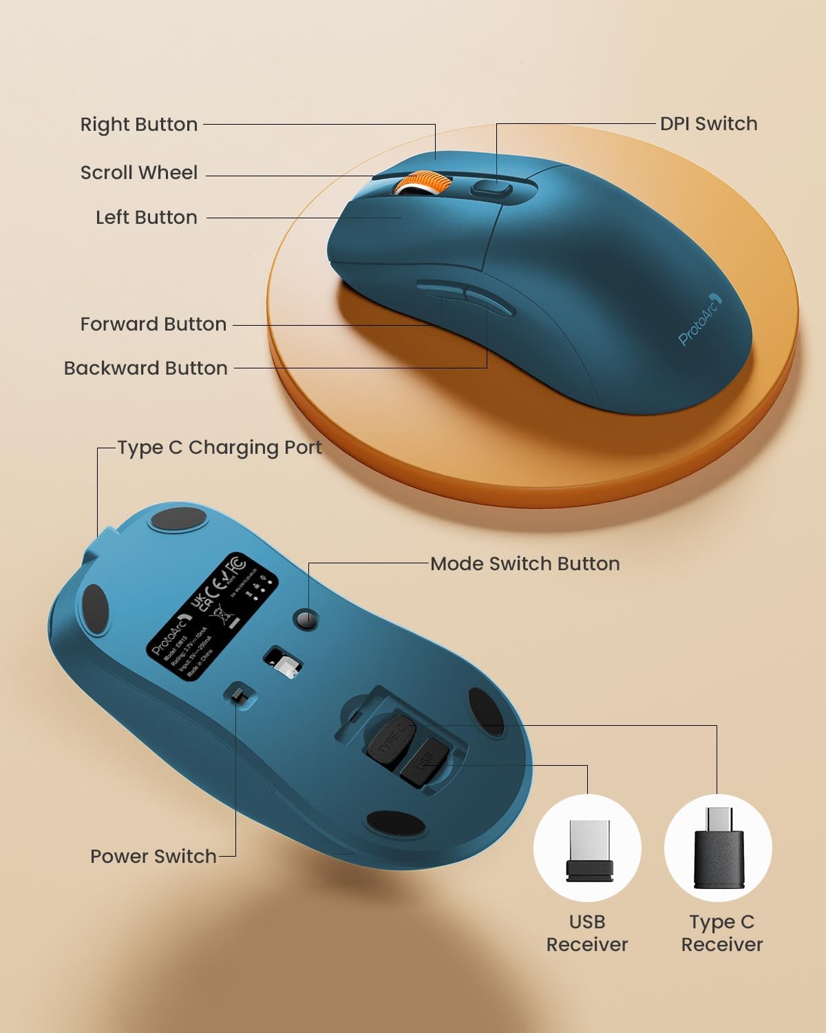 ProtoArc Bluetooth Wireless Mouse, USB C Mouse, EM15 Rechargeable Compact Portable Type C Wireless Mice for Laptop, Tablet, PC, Windows, Mac OS-Blue