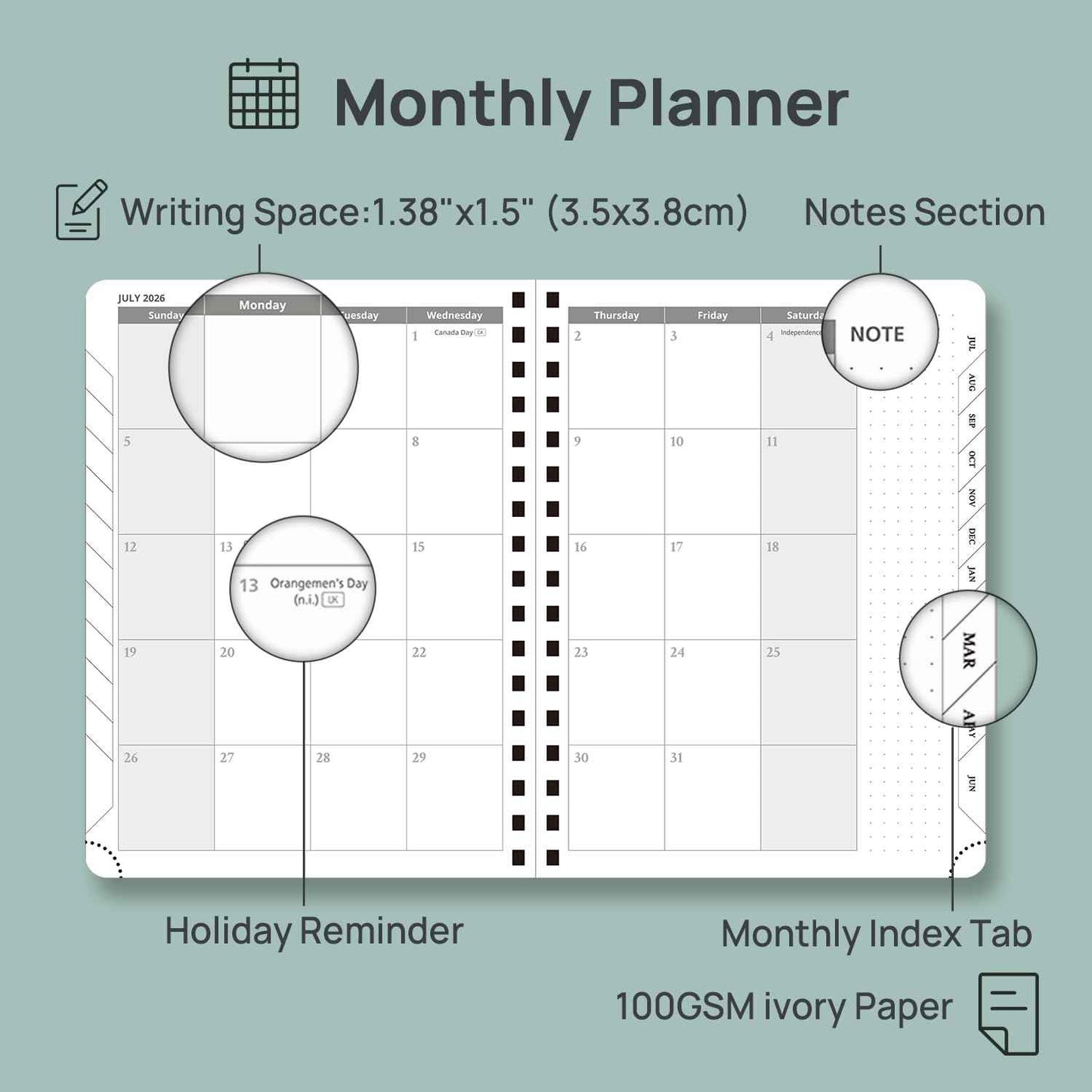 POPRUN 2026-2027 Academic Weekly Planner, 6.5" x 8.5" Horizontal Daily Book Calendar, July 2026 to June 2027, Softcover Appionment Book with Monthly Tabs, Spiral Bound, Inner-Pocket - Orange