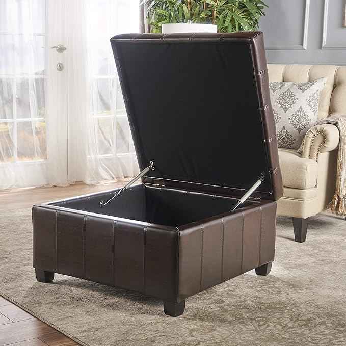 Large Square Storage Ottoman Upholstered Button Tufted Coffee Table with Solid Wood Legs, 30" PU Leather Foot Stool Oversized Ottoman Foot Rest for Sofa Couch Living Room Bedroom, Brown