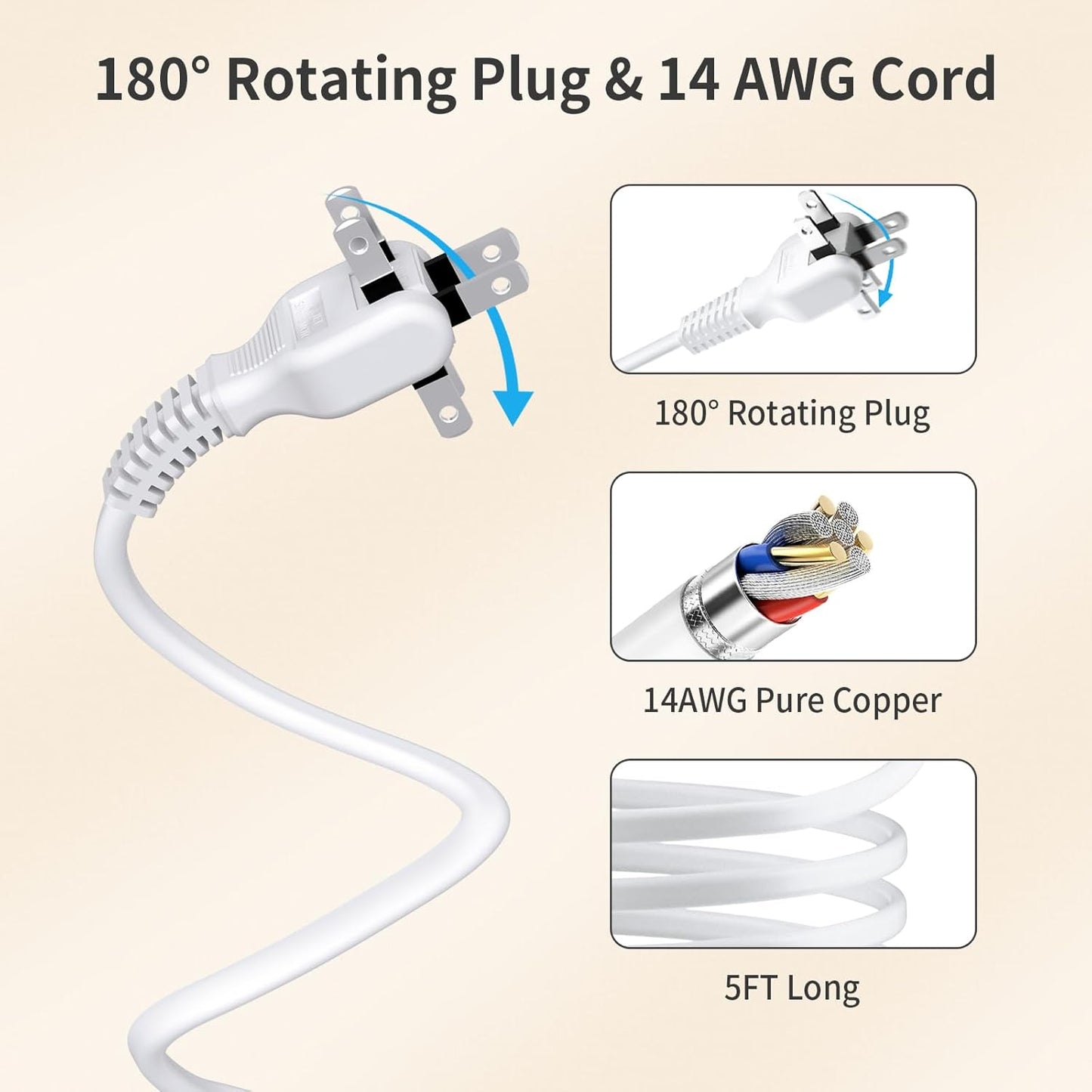 NTONPOWER 2 Prong Power Strip, 1875W/15A 2 Prong to 3 Prong Outlet Adapter, Surge Protector Power Strip with 4 USB Ports(2 USB C), 5 FT Rotating Flat Plug Extension Cord for Old House, Wall Mount