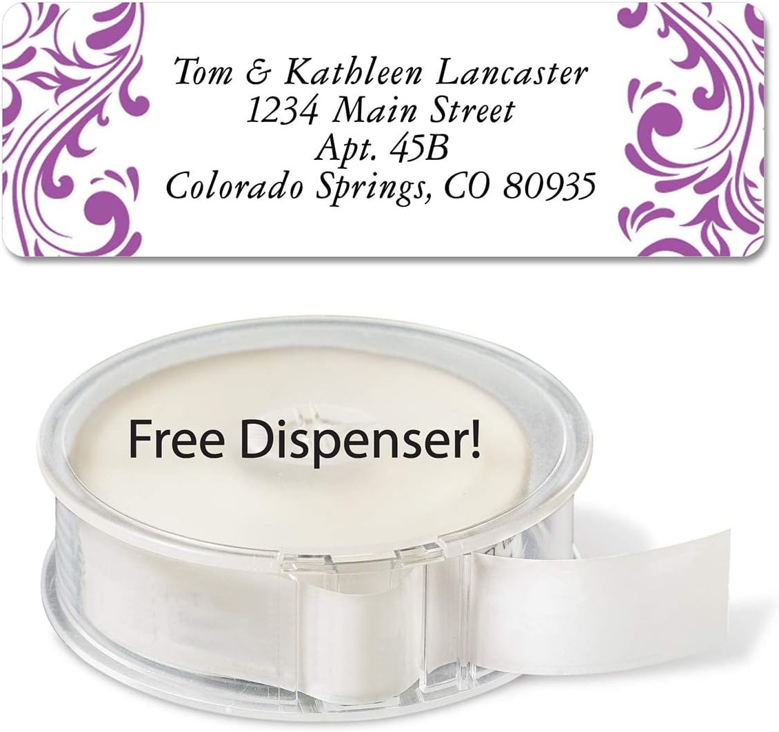 Colorful Images Elegant Swirl Rolled Personalized Return Address Mailing Labels with Dispenser, Customize with Name & Shipping Address, 500 ¾” x 2½” Self Adhesive, Easy Peel Label Roll - Lumora Desk